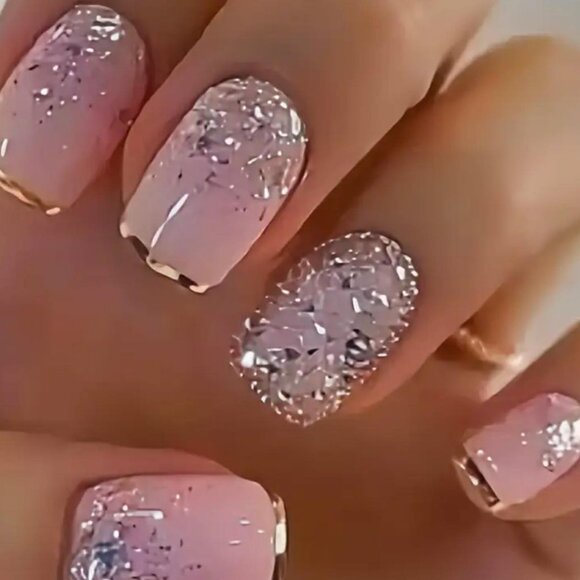 Other - New 24pc Pink Glitter & Gold Lined False Glossy Mid-Length Nails